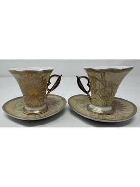 D'LUSSO Home Collection Gold Decor Expresso Heart Shaped 2 Tea Cup & Saucer Set